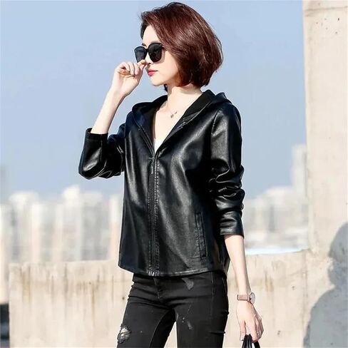 Women's PU Leather Jacket Short Slim Small Coat Hooded Outerwear Loose Outcoat in Saudi Arabia