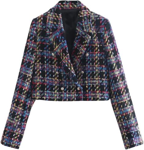Women Double Breasted Check Tweed Cropped Blazers Coat Vintage Long Sleeve Female Outerwear in Saudi Arabia