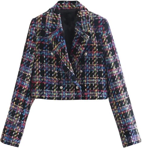 Women Double Breasted Check Tweed Cropped Blazers Coat Vintage Long Sleeve Female Outerwear in Saudi Arabia