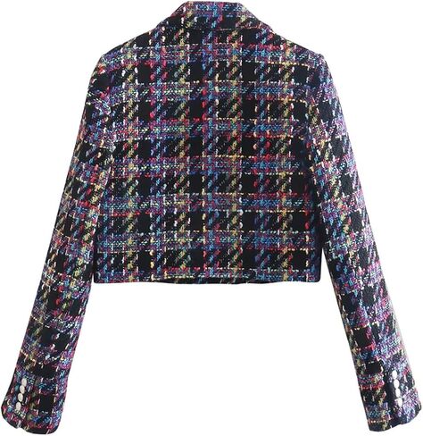 Women Double Breasted Check Tweed Cropped Blazers Coat Vintage Long Sleeve Female Outerwear in Saudi Arabia