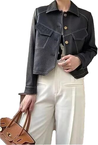 Women's Fall/Winter PU Leather Jacket Ladies Western Style Short Denim Lapel Outwear Tops in Saudi Arabia