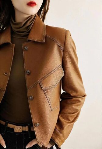 Women's Fall/Winter PU Leather Jacket Ladies Western Style Short Denim Lapel Outwear Tops in Saudi Arabia