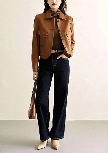 Women's Fall/Winter PU Leather Jacket Ladies Western Style Short Denim Lapel Outwear Tops in Saudi Arabia