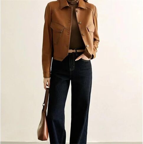 Women's Fall/Winter PU Leather Jacket Ladies Western Style Short Denim Lapel Outwear Tops in Saudi Arabia