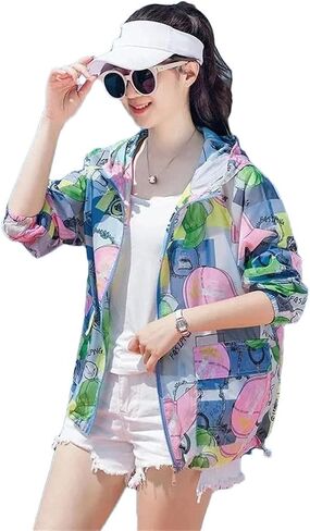 Women's Summer Jacket Sun Protection Clothing Thin Loose Hooded Print Breathable UV Beach Coat in Saudi Arabia