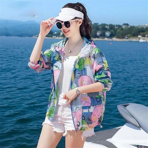 Women's Summer Jacket Sun Protection Clothing Thin Loose Hooded Print Breathable UV Beach Coat in Saudi Arabia