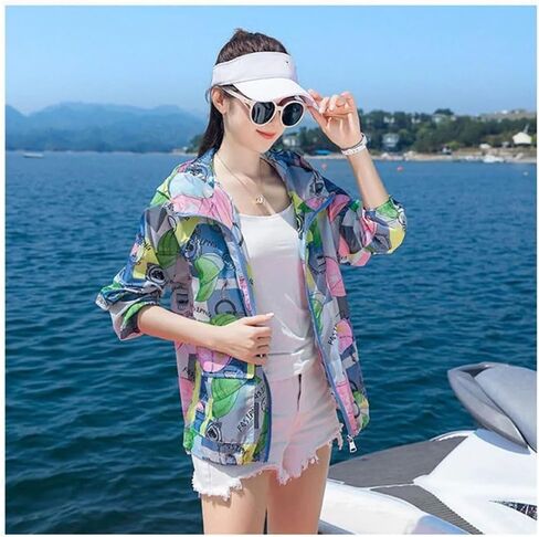 Women's Summer Jacket Sun Protection Clothing Thin Loose Hooded Print Breathable UV Beach Coat in Saudi Arabia