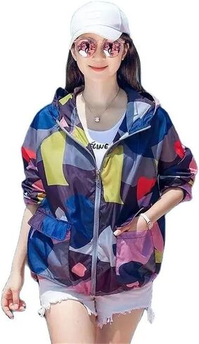 Women's Summer Jacket Sun Protection Clothing Thin Loose Hooded Print Breathable UV Beach Coat in Saudi Arabia