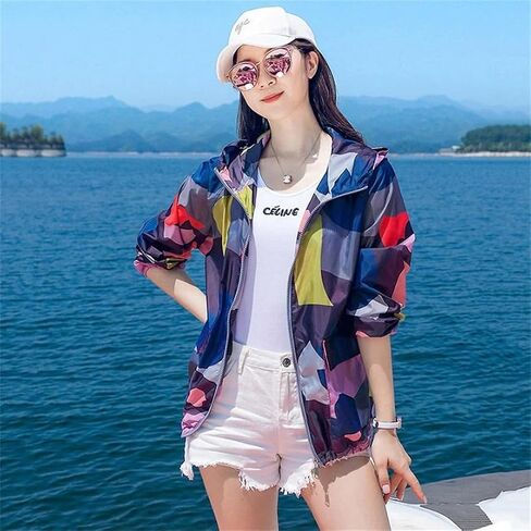 Women's Summer Jacket Sun Protection Clothing Thin Loose Hooded Print Breathable UV Beach Coat in Saudi Arabia