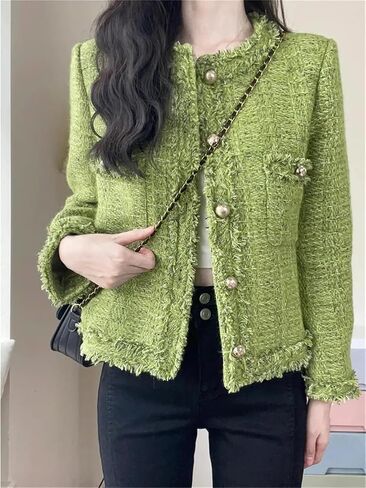 Women Autumn Winter Korean Single-Breasted Short Tweed Coat Long Sleeve Vintage Jackets in Saudi Arabia