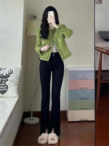 Women Autumn Winter Korean Single-Breasted Short Tweed Coat Long Sleeve Vintage Jackets in Saudi Arabia