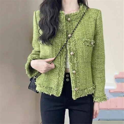 Women Autumn Winter Korean Single-Breasted Short Tweed Coat Long Sleeve Vintage Jackets in Saudi Arabia
