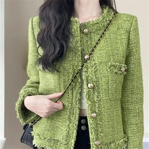 Women Autumn Winter Korean Single-Breasted Short Tweed Coat Long Sleeve Vintage Jackets in Saudi Arabia