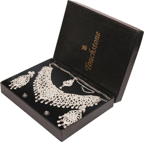 Touchstone Indian Bollywood masterly created sparkling Rhinestone grand bridal jewelry necklace set for women in silver tone in Saudi Arabia