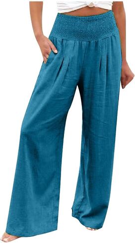 Womens Cotton Linen Palazzo Pants Loose Elastic High Waist Trousers Wide Leg Beach Pant Solid Vacation Casual Outfits in Saudi Arabia