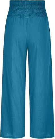 Womens Cotton Linen Palazzo Pants Loose Elastic High Waist Trousers Wide Leg Beach Pant Solid Vacation Casual Outfits in Saudi Arabia