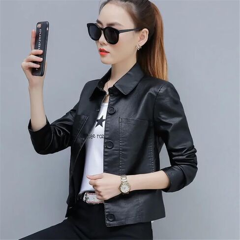 Women's Spring Autumn Hong Kong Style Chic Jacket Short Loose Wild Leather Jackets in Saudi Arabia