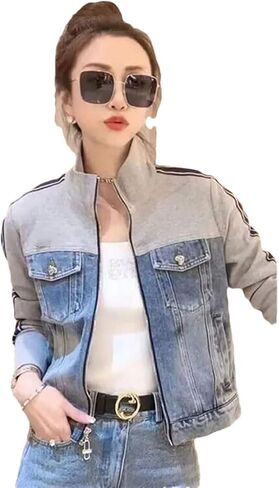 Women's Vintage Patchwork Denim Jacket Korean Slim Zipper Short Standing Collar Long Sleeved Top in Saudi Arabia