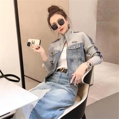 Women's Vintage Patchwork Denim Jacket Korean Slim Zipper Short Standing Collar Long Sleeved Top in Saudi Arabia