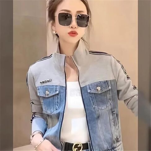 Women's Vintage Patchwork Denim Jacket Korean Slim Zipper Short Standing Collar Long Sleeved Top in Saudi Arabia