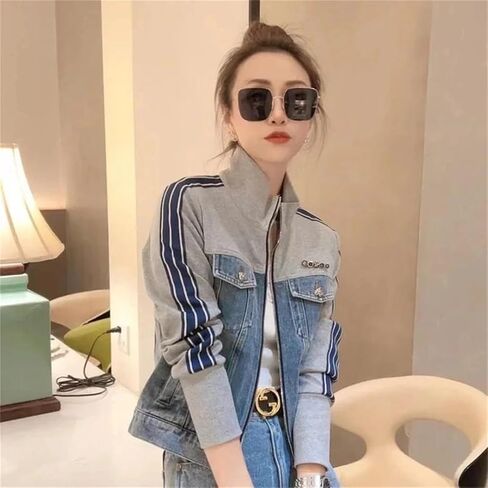 Women's Vintage Patchwork Denim Jacket Korean Slim Zipper Short Standing Collar Long Sleeved Top in Saudi Arabia