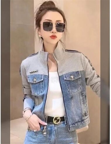 Women's Vintage Patchwork Denim Jacket Korean Slim Zipper Short Standing Collar Long Sleeved Top in Saudi Arabia