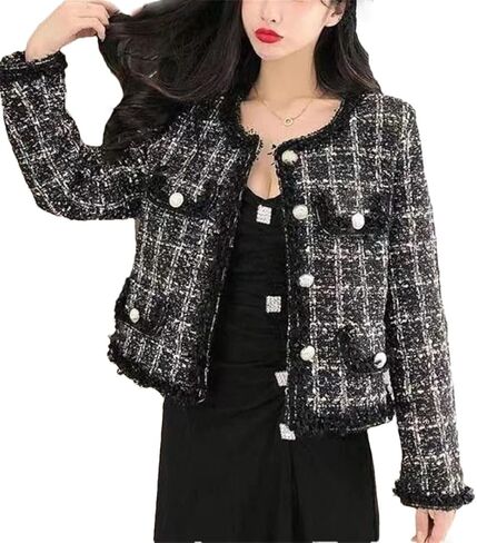 Women Springautumn O-Neck Woolen Tops Button Pocket Splicing Versatile Long Sleeve Coat in Saudi Arabia