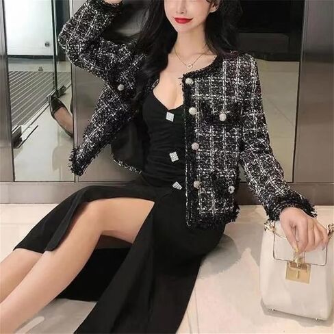 Women Springautumn O-Neck Woolen Tops Button Pocket Splicing Versatile Long Sleeve Coat in Saudi Arabia