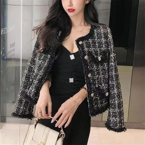 Women Springautumn O-Neck Woolen Tops Button Pocket Splicing Versatile Long Sleeve Coat in Saudi Arabia