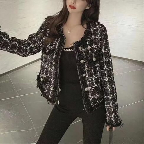 Women Springautumn O-Neck Woolen Tops Button Pocket Splicing Versatile Long Sleeve Coat in Saudi Arabia