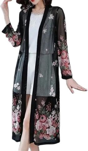 Women Chiffon Printed Cardigan Lace Hollow Thin Sun Protection Clothing Coat Long-Sleeved Mid-Length Shawl in Saudi Arabia