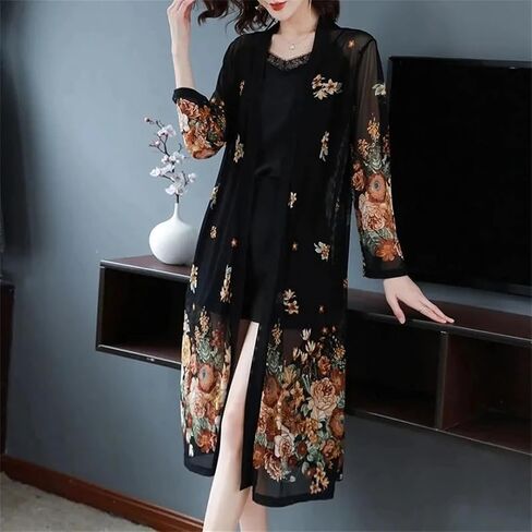 Women Chiffon Printed Cardigan Lace Hollow Thin Sun Protection Clothing Coat Long-Sleeved Mid-Length Shawl in Saudi Arabia