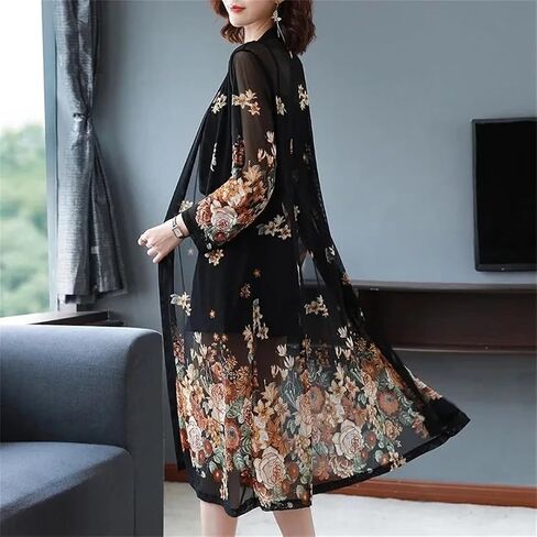 Women Chiffon Printed Cardigan Lace Hollow Thin Sun Protection Clothing Coat Long-Sleeved Mid-Length Shawl in Saudi Arabia