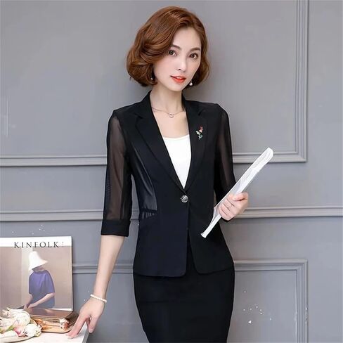 Women Blazer Spring Summer Thin Three-Quarter Sleeve Short Suit Tops Ladies Cardigan Sun Protection Coat in Saudi Arabia