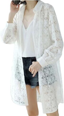 Women's Summer Hollow Lace Sun Protection Clothes Thin Long Sleeves Loose Mid-Length Jacket in Saudi Arabia