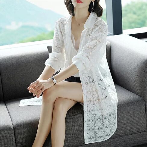 Women's Summer Hollow Lace Sun Protection Clothes Thin Long Sleeves Loose Mid-Length Jacket in Saudi Arabia