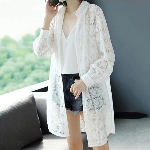 Women's Summer Hollow Lace Sun Protection Clothes Thin Long Sleeves Loose Mid-Length Jacket in Saudi Arabia
