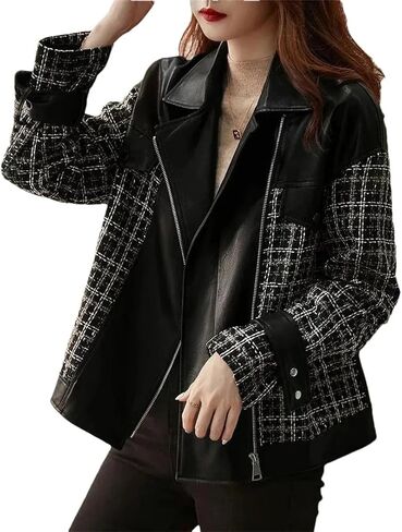 Women Spring Autumn Small Fragrant Coat PU Leather Coat For Zipper Jacket Patchwork Woolen Outwear in Saudi Arabia
