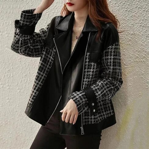 Women Spring Autumn Small Fragrant Coat PU Leather Coat For Zipper Jacket Patchwork Woolen Outwear in Saudi Arabia