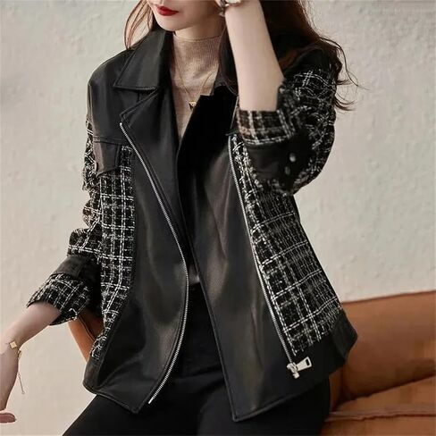 Women Spring Autumn Small Fragrant Coat PU Leather Coat For Zipper Jacket Patchwork Woolen Outwear in Saudi Arabia