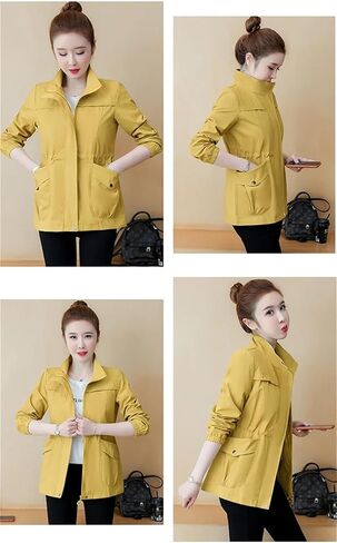 Women Trench Coat Korean Long Sleeve Windbreaker Loose Stand-Collar Jacket Zipper Pocket Outerwear in Saudi Arabia