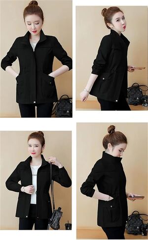 Women Trench Coat Korean Long Sleeve Windbreaker Loose Stand-Collar Jacket Zipper Pocket Outerwear in Saudi Arabia