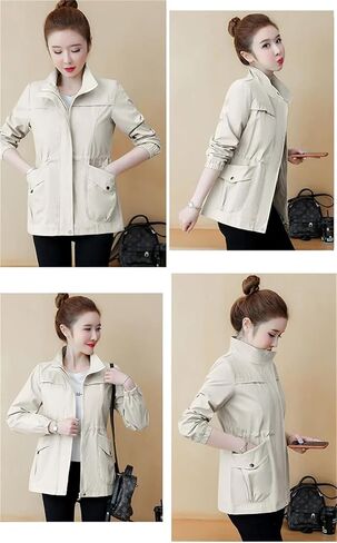 Women Trench Coat Korean Long Sleeve Windbreaker Loose Stand-Collar Jacket Zipper Pocket Outerwear in Saudi Arabia