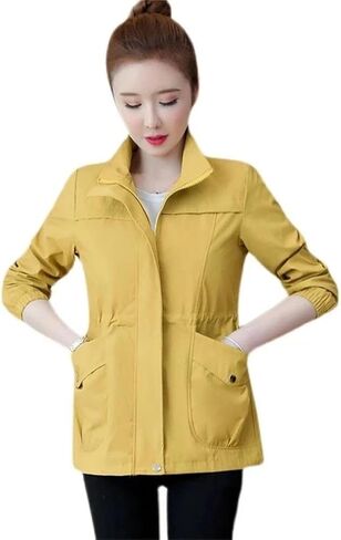 Women Trench Coat Korean Long Sleeve Windbreaker Loose Stand-Collar Jacket Zipper Pocket Outerwear in Saudi Arabia