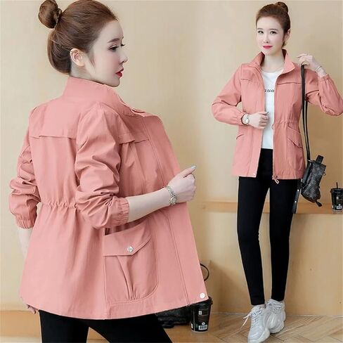Women Trench Coat Korean Long Sleeve Windbreaker Loose Stand-Collar Jacket Zipper Pocket Outerwear in Saudi Arabia