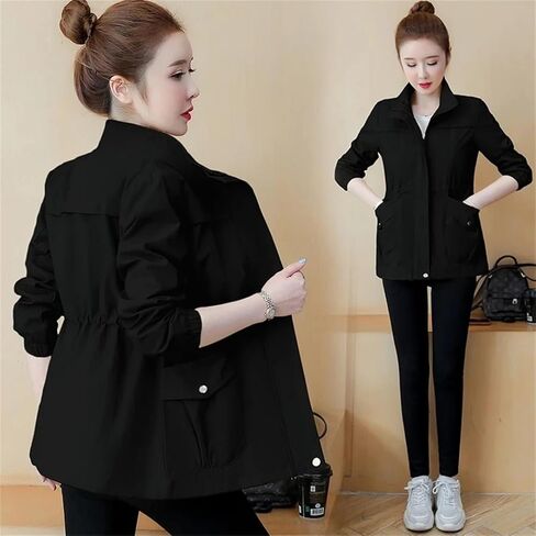 Women Trench Coat Korean Long Sleeve Windbreaker Loose Stand-Collar Jacket Zipper Pocket Outerwear in Saudi Arabia