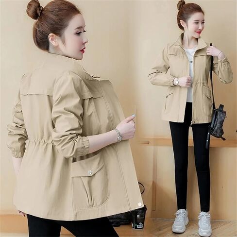Women Trench Coat Korean Long Sleeve Windbreaker Loose Stand-Collar Jacket Zipper Pocket Outerwear in Saudi Arabia