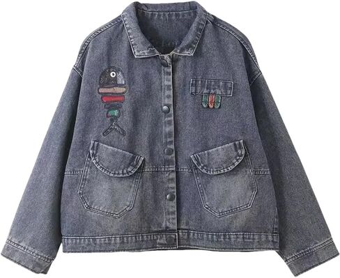 Women Cartoon Stitching Denim Jacket For Korean Oversized Vintage Basic Coat Female Clothing Jean Tops in Saudi Arabia