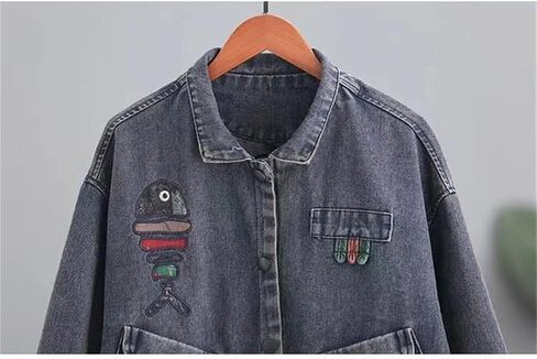 Women Cartoon Stitching Denim Jacket For Korean Oversized Vintage Basic Coat Female Clothing Jean Tops in Saudi Arabia