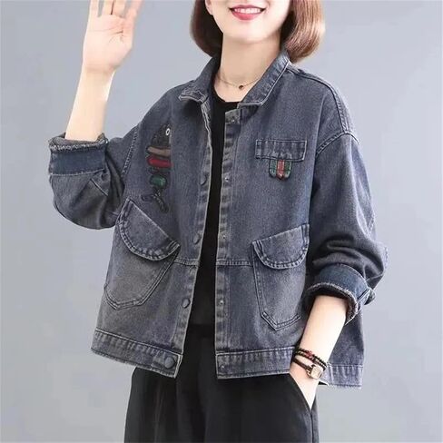 Women Cartoon Stitching Denim Jacket For Korean Oversized Vintage Basic Coat Female Clothing Jean Tops in Saudi Arabia